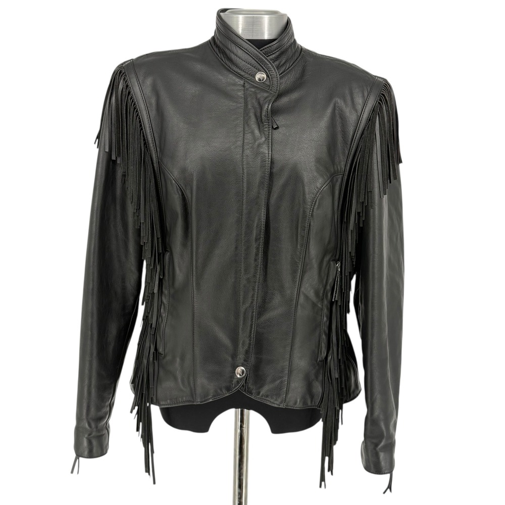 Vintage Harley Davidson Womens Black Leather Fringe Motorcycle‎ Jacket Sz Medium